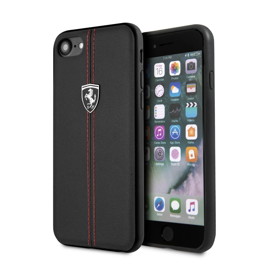 Forro/ Funda Ferrari Logo Plata piel negro iPhone 6,7,8 y SE