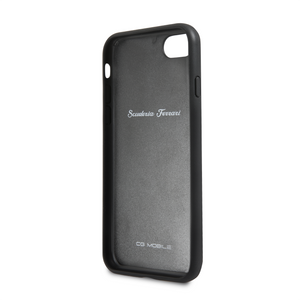 Forro/ Funda Ferrari Logo Plata piel negro iPhone 6,7,8 y SE